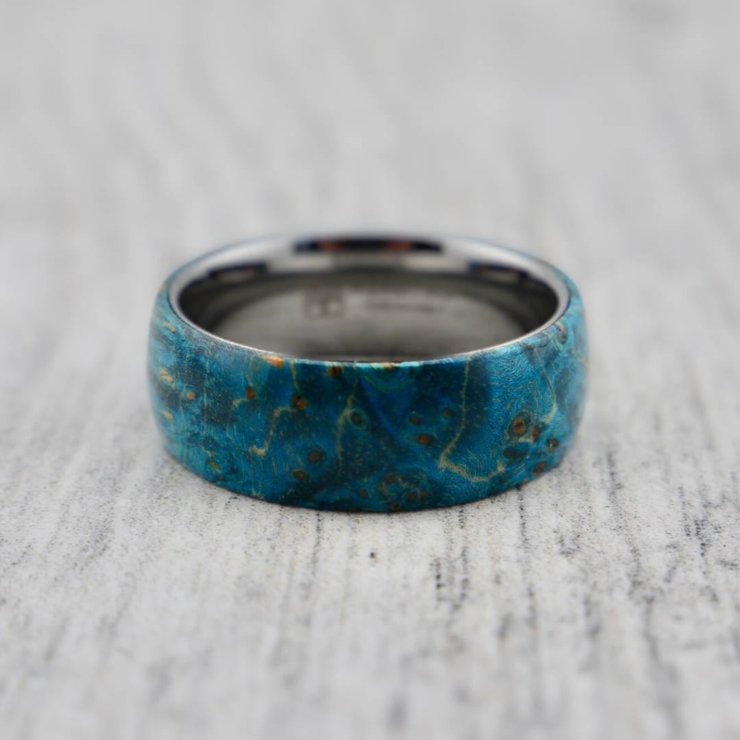 Tungsten ring and blue -infused maple wood