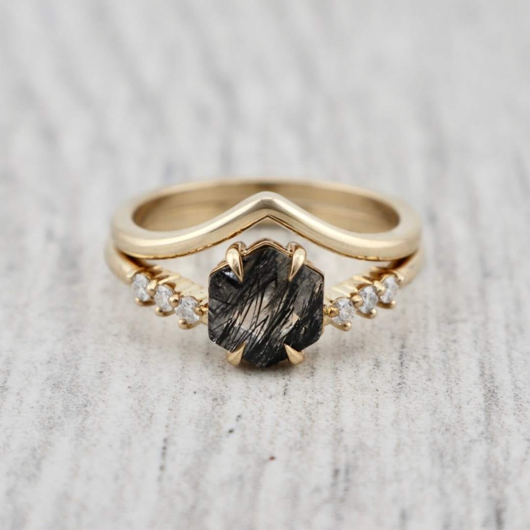 Mathieu Blanchard Bagues Bagues Ensemble d'alliances Rutile en or jaune 10K et moissanites