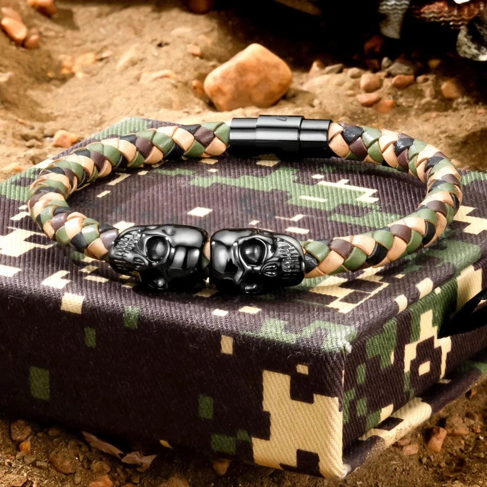SkeletonHD Bracelets Bracelet Double tête de mort en cuir
