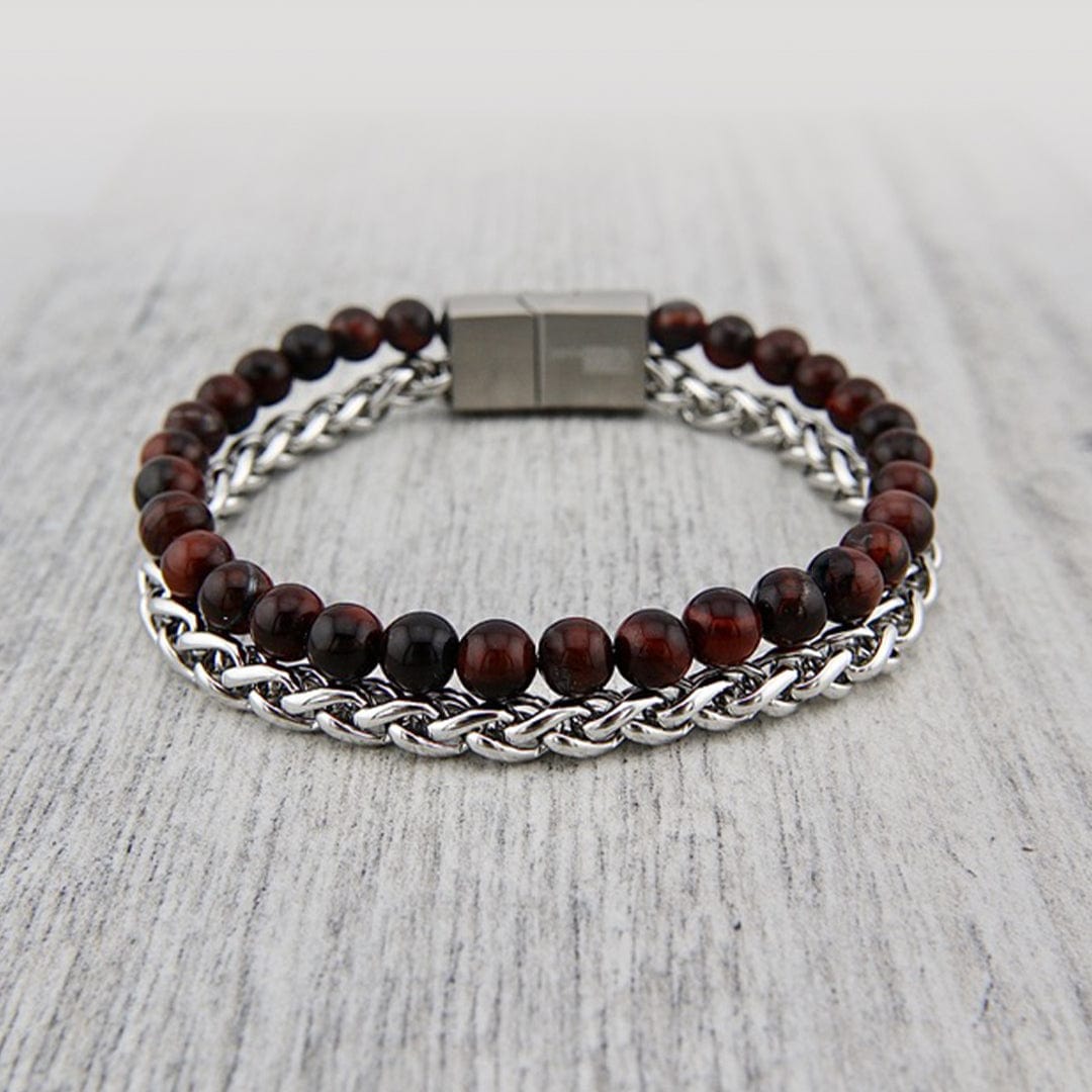 Wheat Chain and Red Tiger Eye Double Bracelet