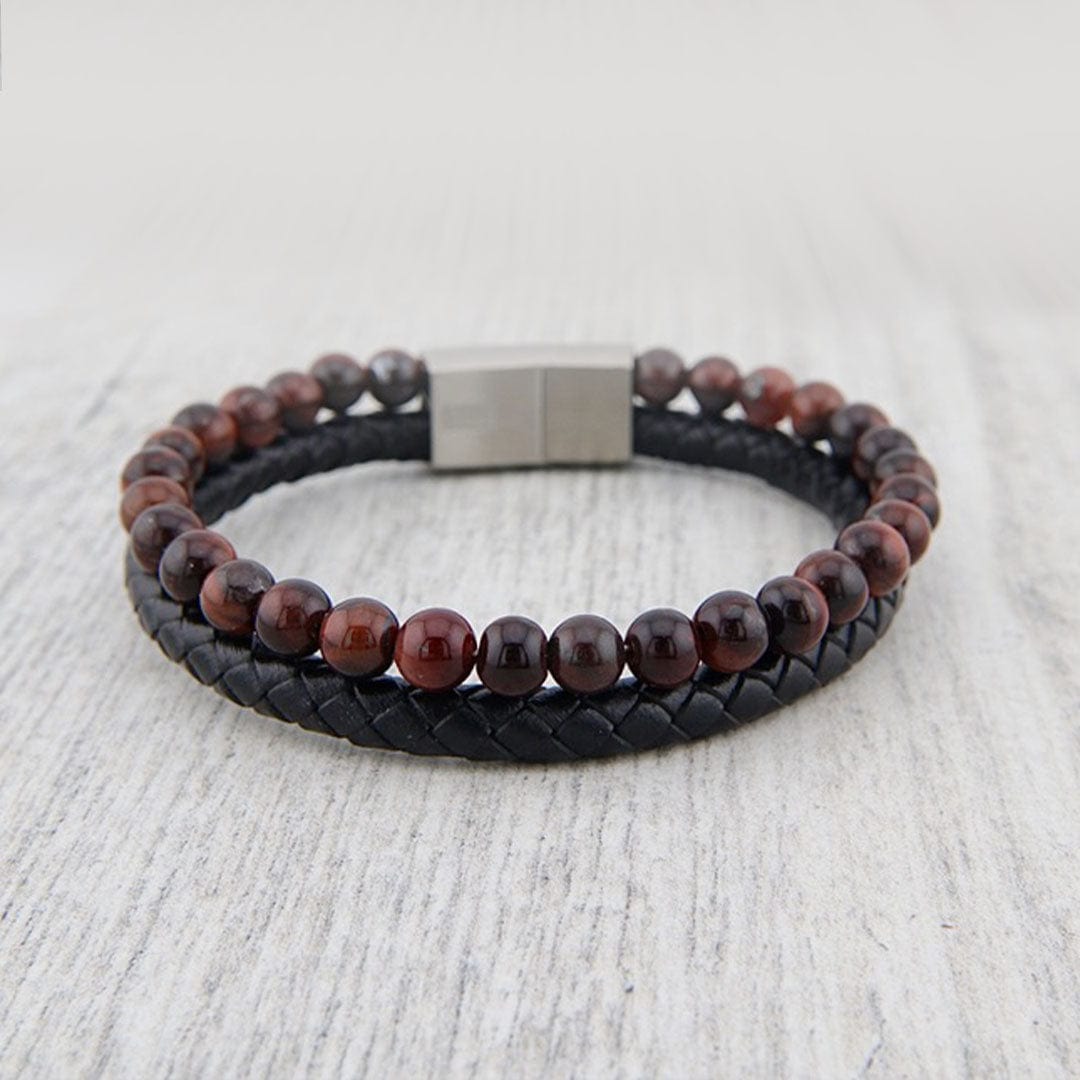 Leather and Red Tiger Eye Double Bracelet
