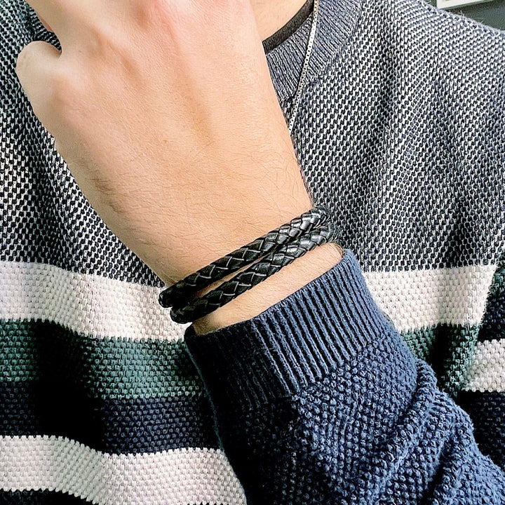 Mathieu Blanchard Bracelet Bracelet La Force en cuir tressé double et acier