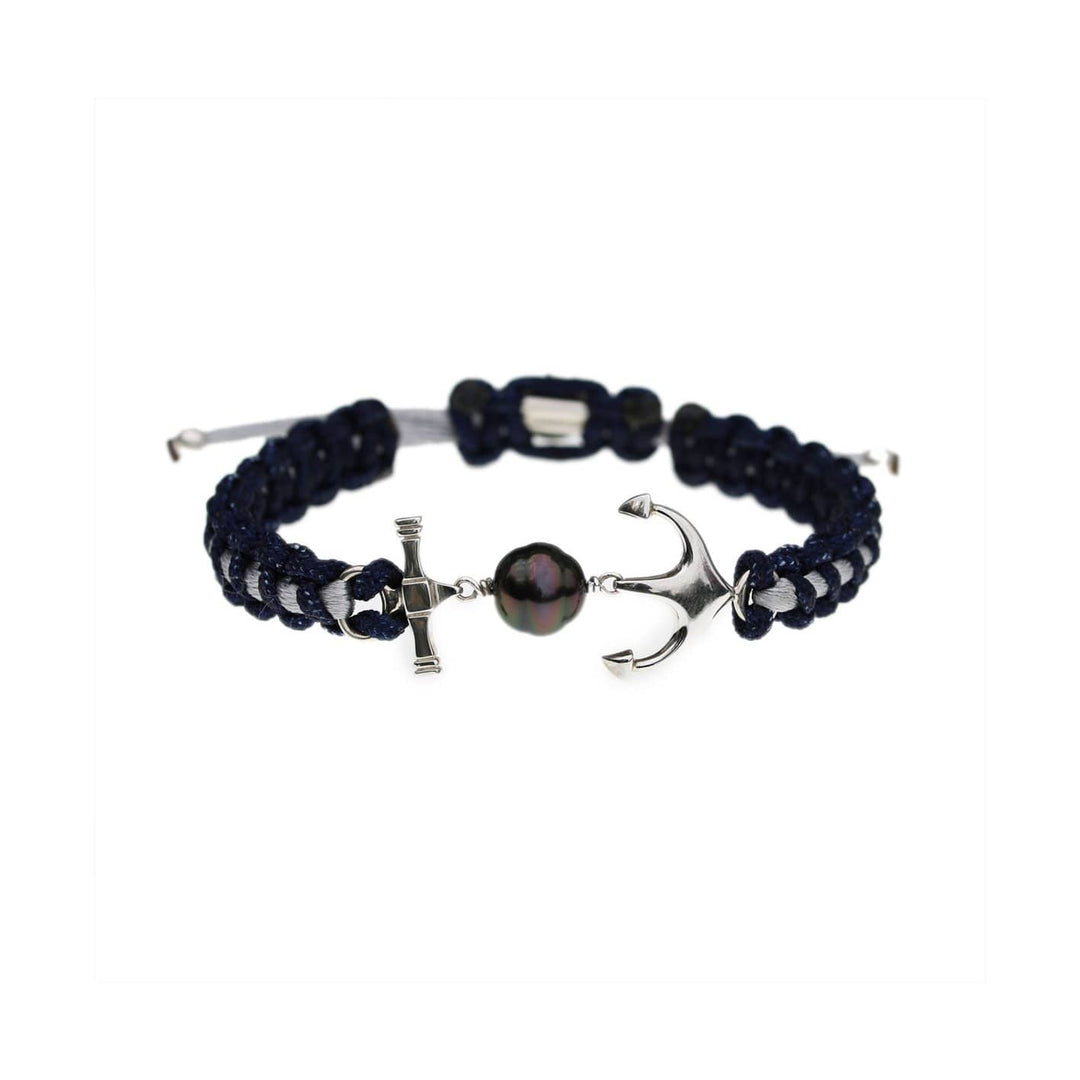 Tereva Colas Bracelet Bracelet Ancre marine macramé, argent sterling, onyx et perle de Tahiti 10mm