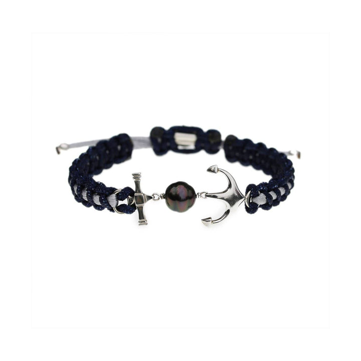 Tereva Colas Bracelet Bracelet Ancre marine macramé, argent sterling, onyx et perle de Tahiti 10mm