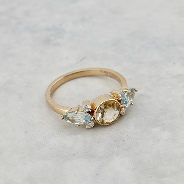 Bague en or 14K, diamants, topaze et citrine