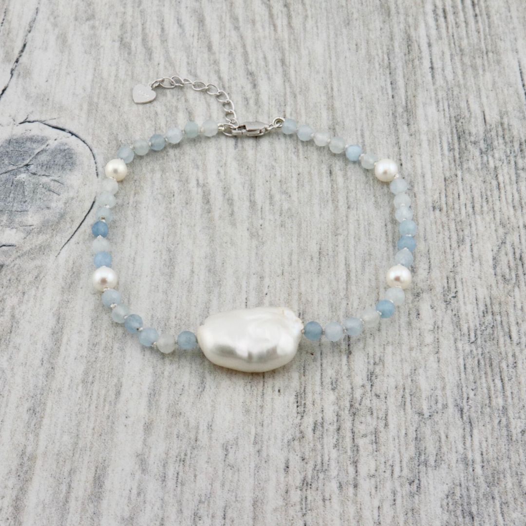 Aqua in Pearls, Aquamarines and Sterling Silver Bracelet