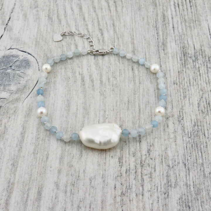 Aqua in Pearls, Aquamarines and Sterling Silver Bracelet