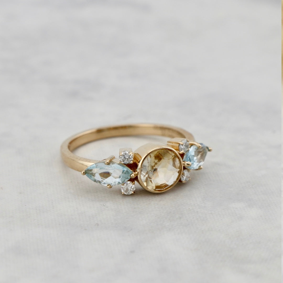 Bague en or 14K, diamants, topaze et citrine