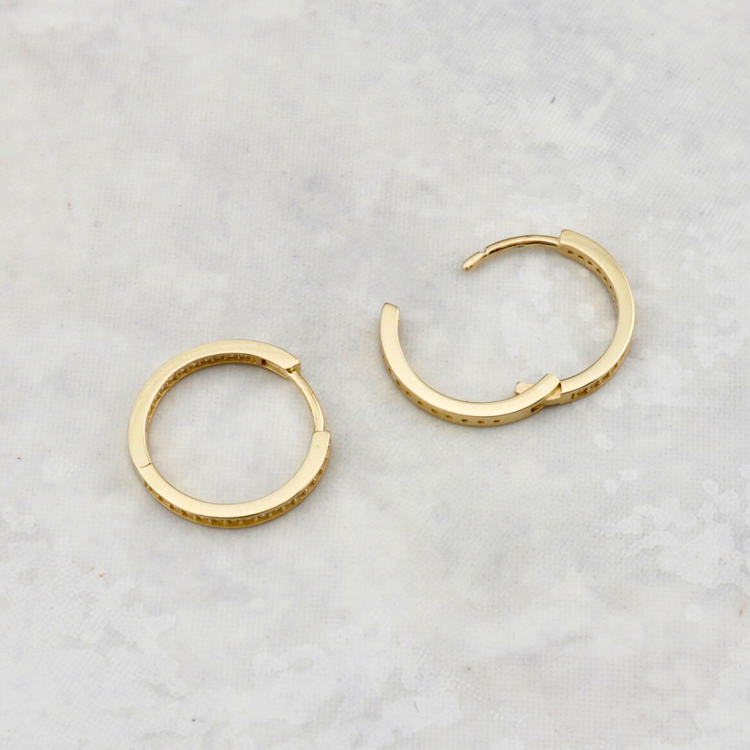 Classic Double Pave 10K Gold Huggies Earrings