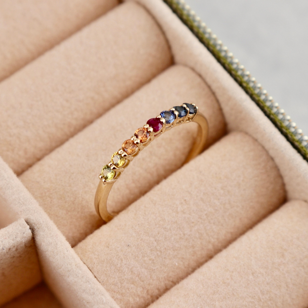 Rainbow Semi-Eternity 14K Gold, sapphires and ruby Ring