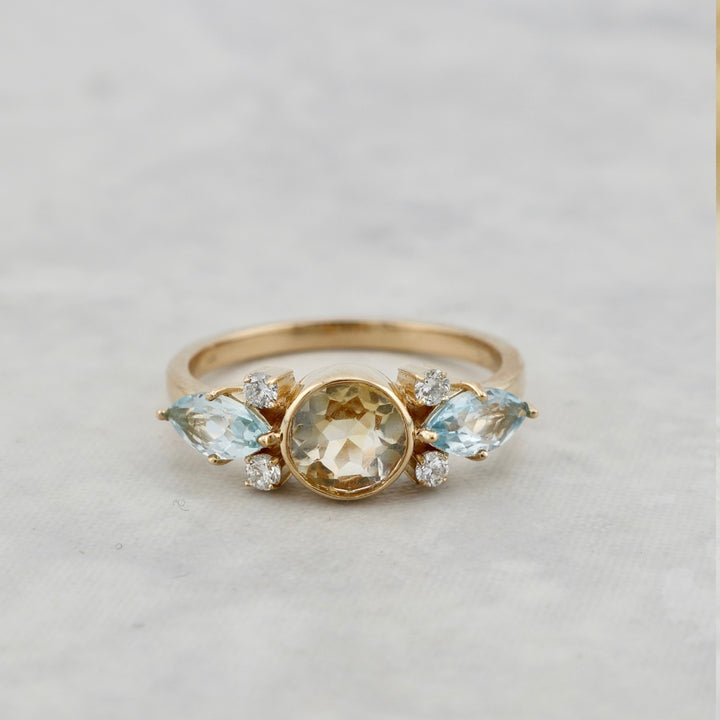 Bague en or 14K, diamants, topaze et citrine