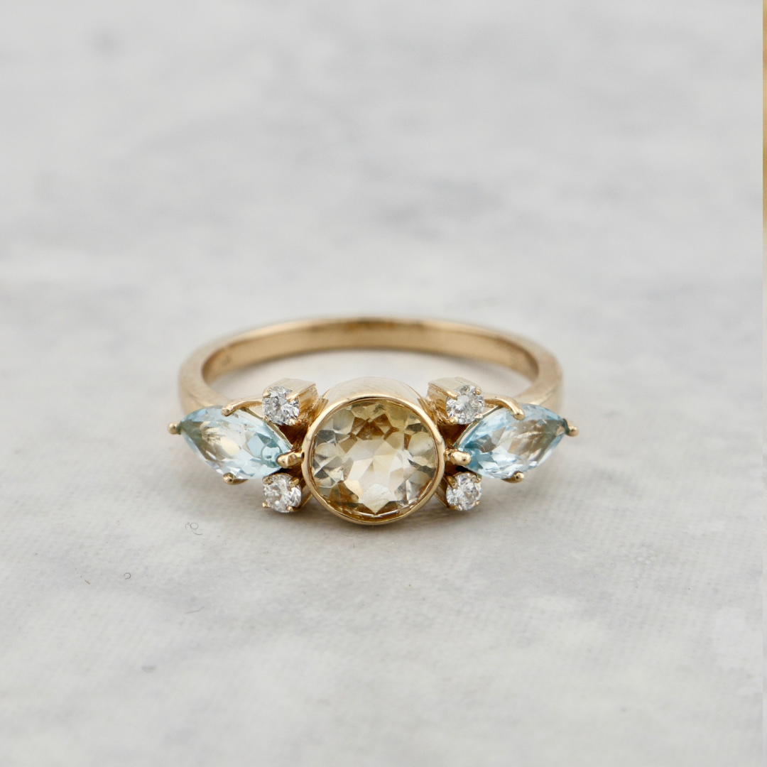 Bague en or 14K, diamants, topaze et citrine