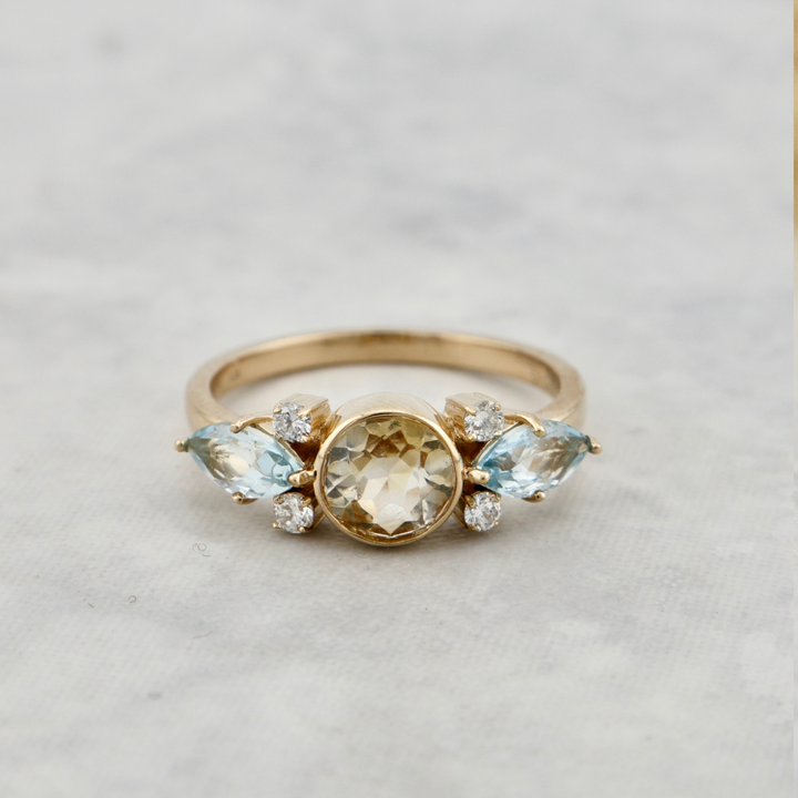 Bague en or 14K, diamants, topaze et citrine