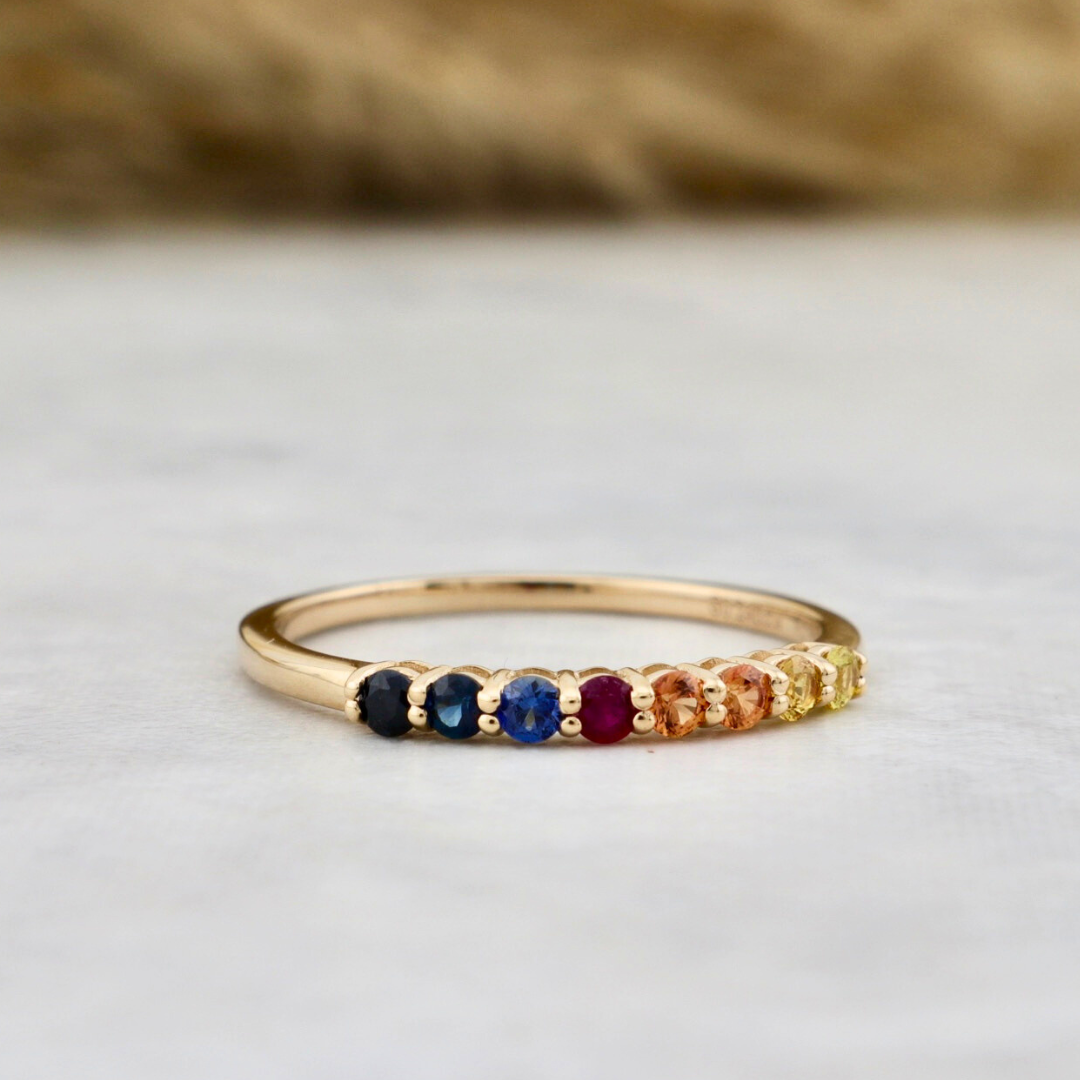 Rainbow Semi-Eternity 14K Gold, sapphires and ruby Ring