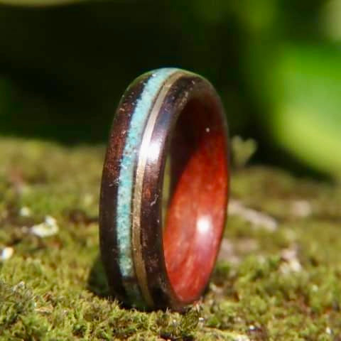 Wood ring, turquoise and custom 14K gold