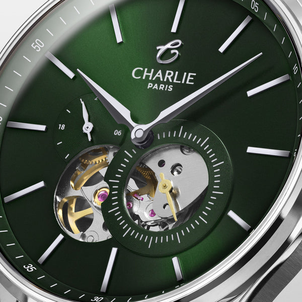 Charlie Paris Montre Acier 3 links / Acier inoxydable Montre Charlie Paris INITIAL Open Heart Vert 40 mm en acier inoxydable