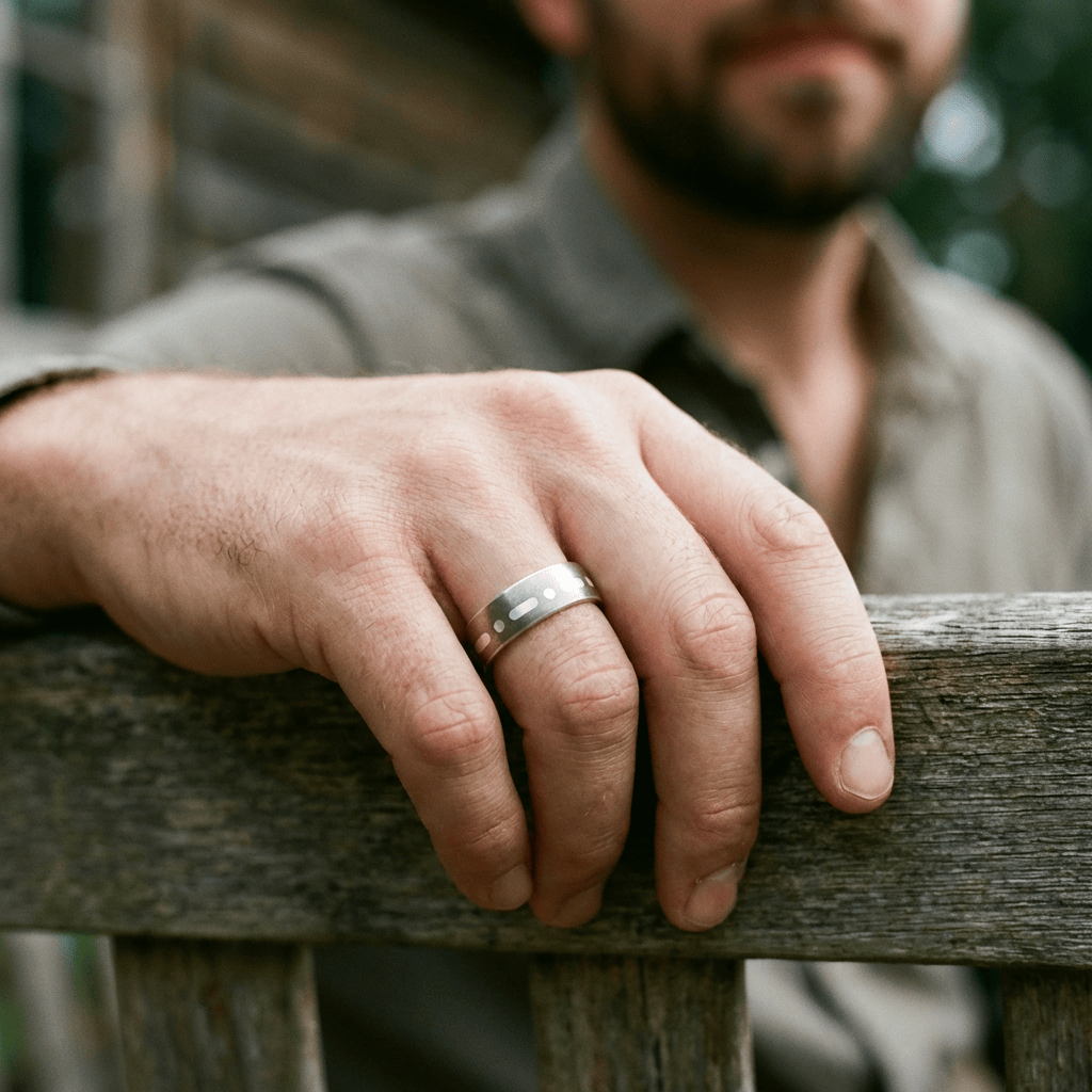 Bague Code Morse et en titane Christine Dwane Bague Code Morse à personnaliser en argent et titane | Christine Dwane x Mathieu Blanchard Joailliers Mathieu Blanchard Joaillerie