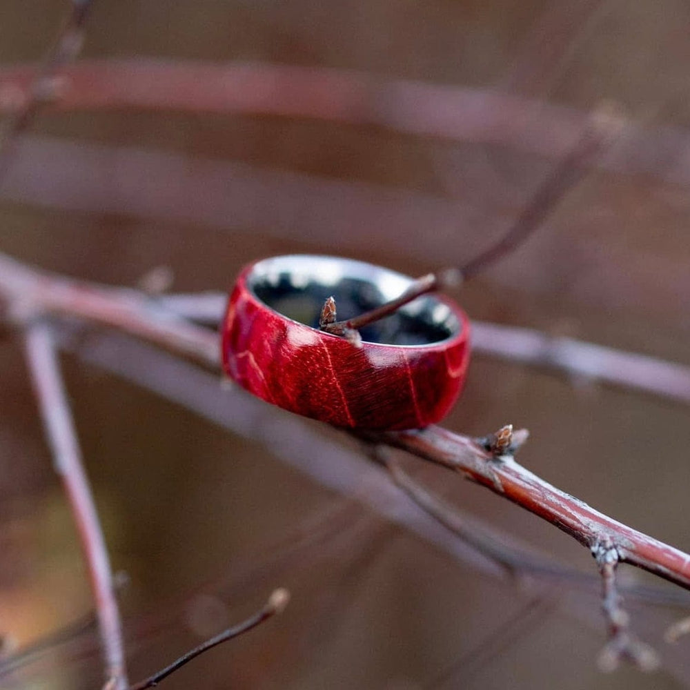 Roadtripmadewood Bagues Bague en tungstène et bois d'érable infusé rouge