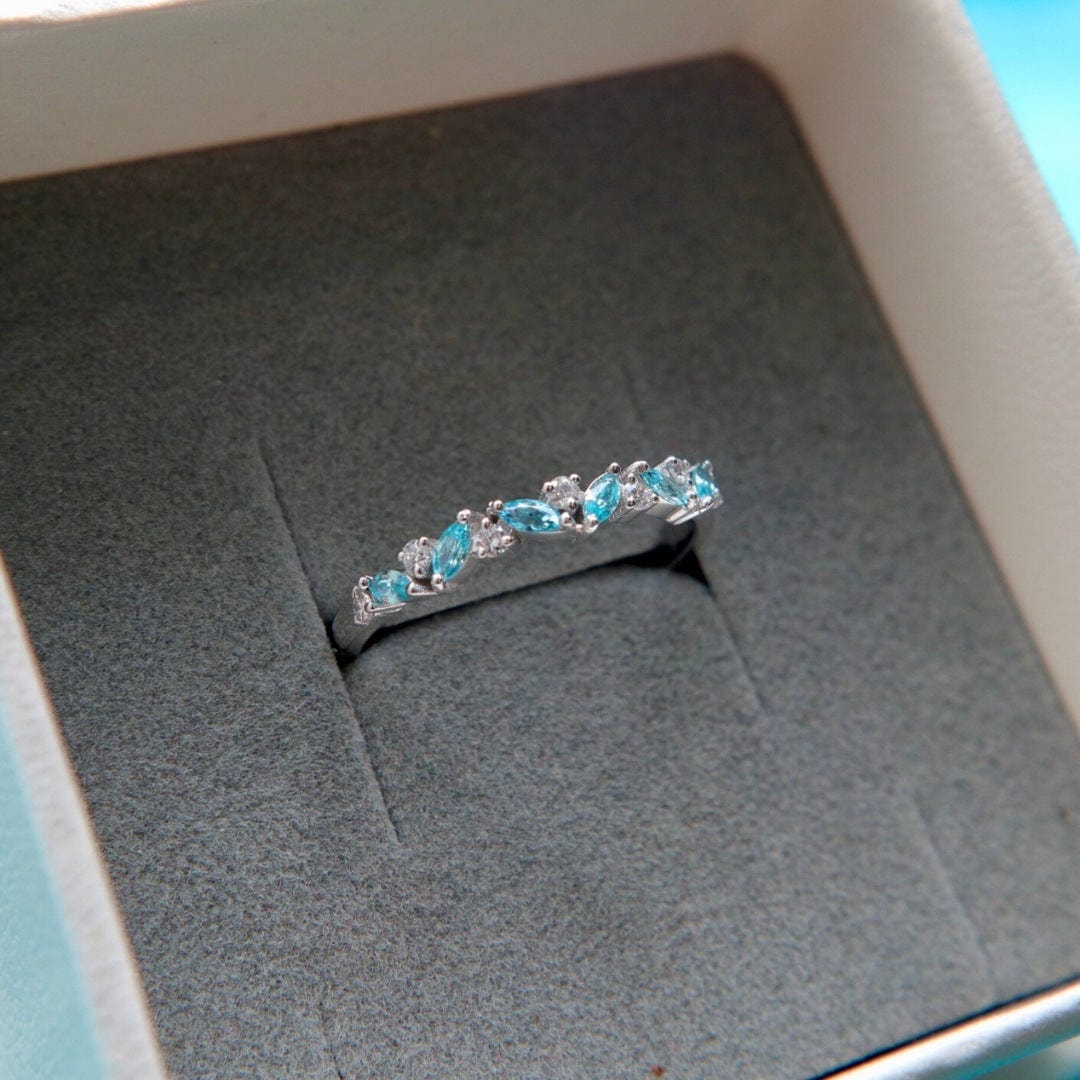 Jonc semi-éternité Marquise en or 14K, diamants et aigues-marines