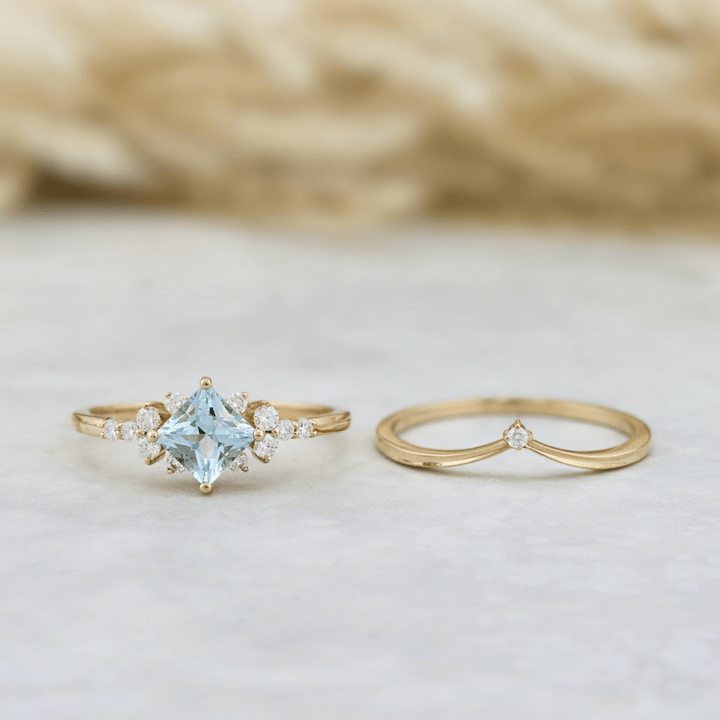 Mathieu Blanchard Bagues Bagues Ensemble d'alliances Moissanites et Topaze bleu princesse