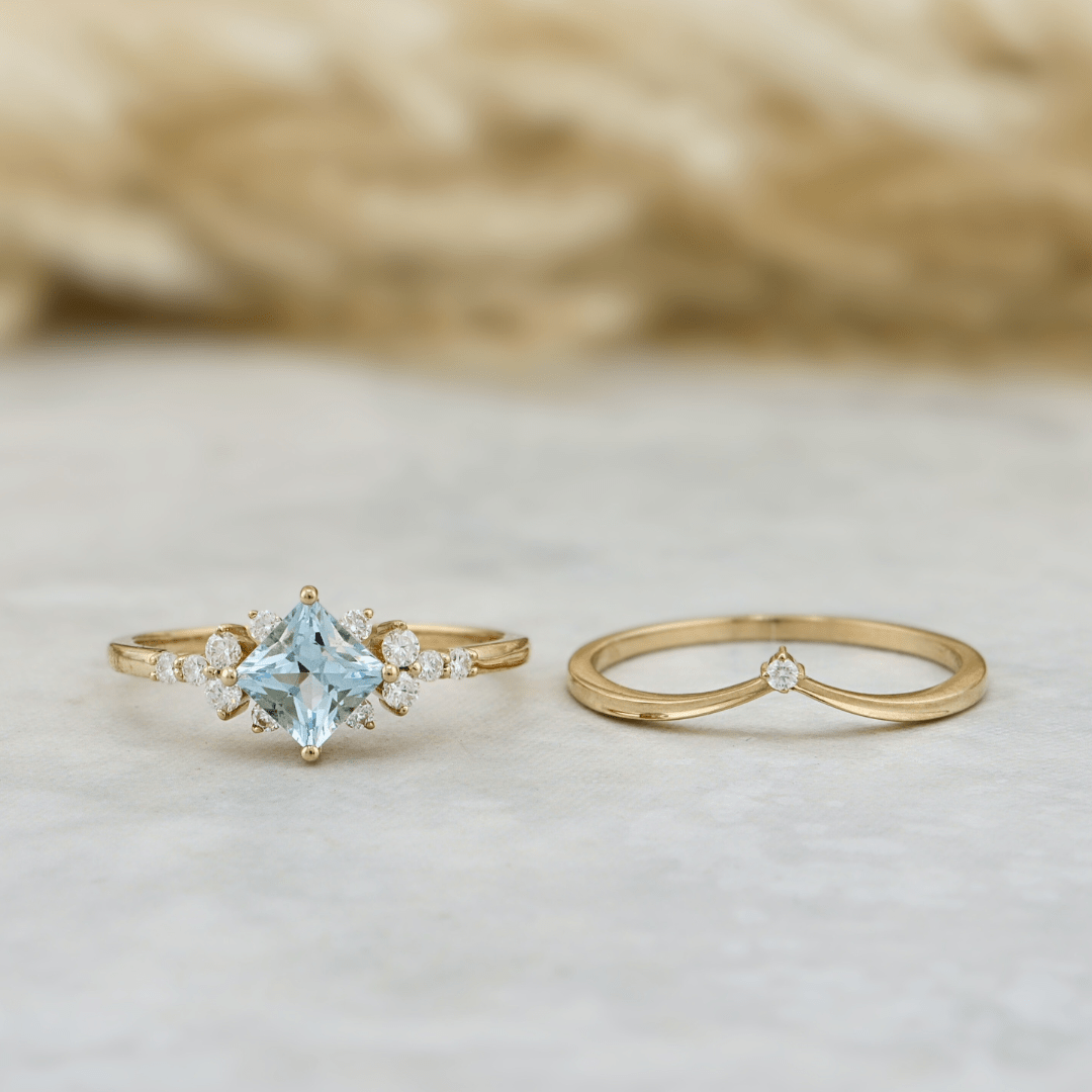 Mathieu Blanchard Bagues Bagues Ensemble d'alliances Moissanites et Topaze bleu princesse
