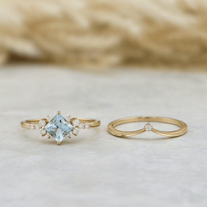 Mathieu Blanchard Bagues Bagues Ensemble d'alliances Moissanites et Topaze bleu princesse
