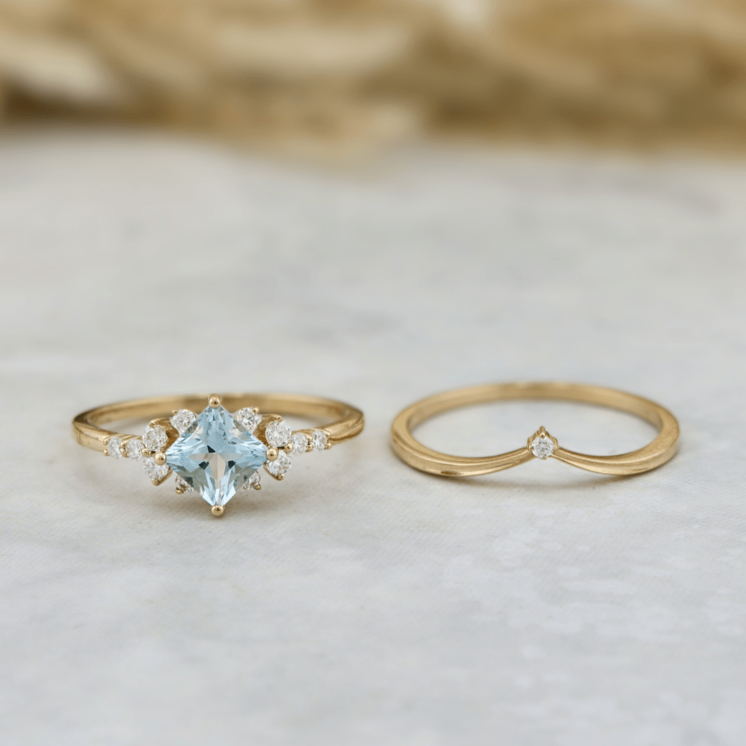 Mathieu Blanchard Bagues Bagues Ensemble d'alliances Moissanites et Topaze bleu princesse