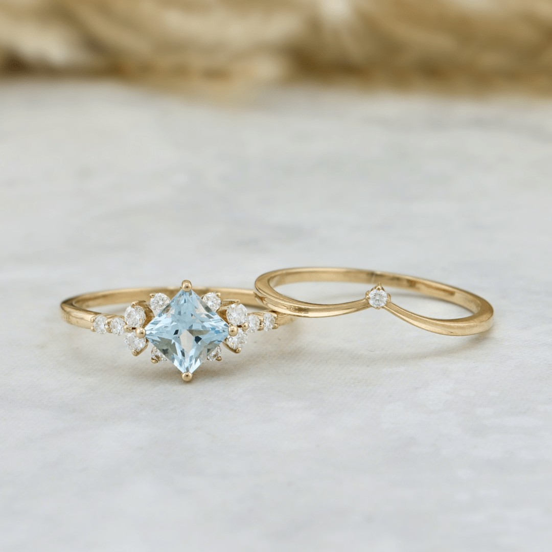 Mathieu Blanchard Bagues Bagues Ensemble d'alliances Moissanites et Topaze bleu princesse