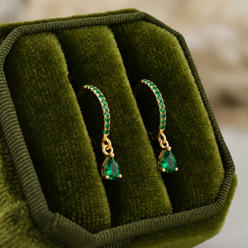 Boucles d’oreilles Huggies plaquées or, anneau pavé vert et goutte verte