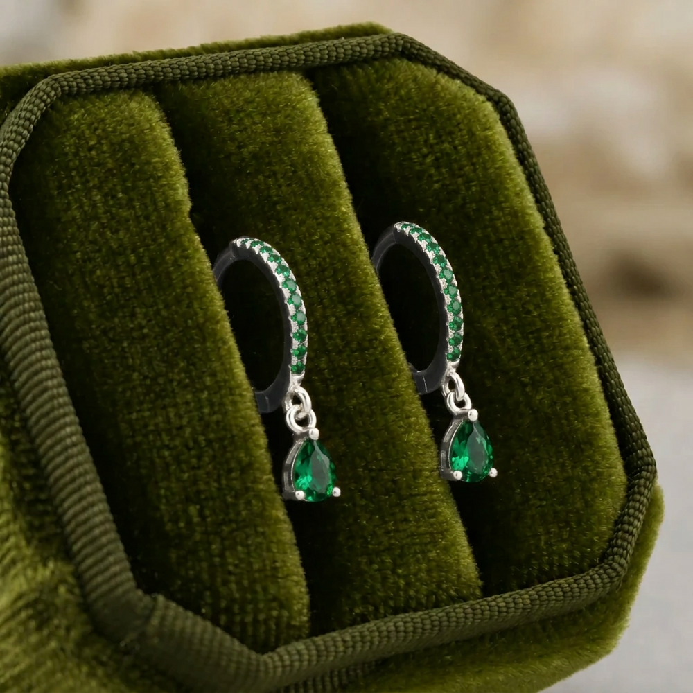 Boucles d’oreilles Huggies argent sterling, créoles vertes avec gouttes pendantes