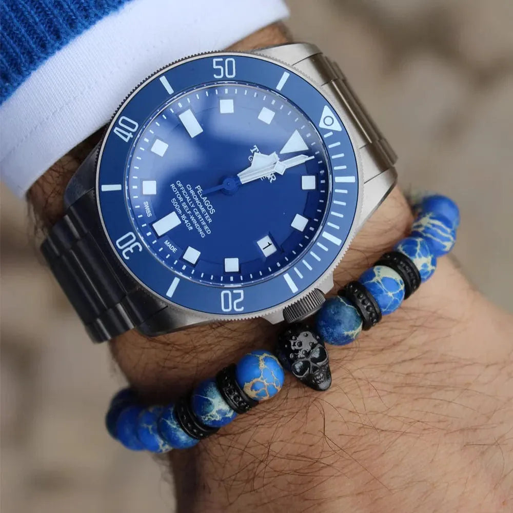 Bracelet Blue Sea en acier inoxydable SkeletonHD Bracelets Acier inoxydable Bracelet Blue Sea en pierres Bleu Impérial, naturel | Mathieu Blanchard x SkeletonHD Mathieu Blanchard Joaillerie