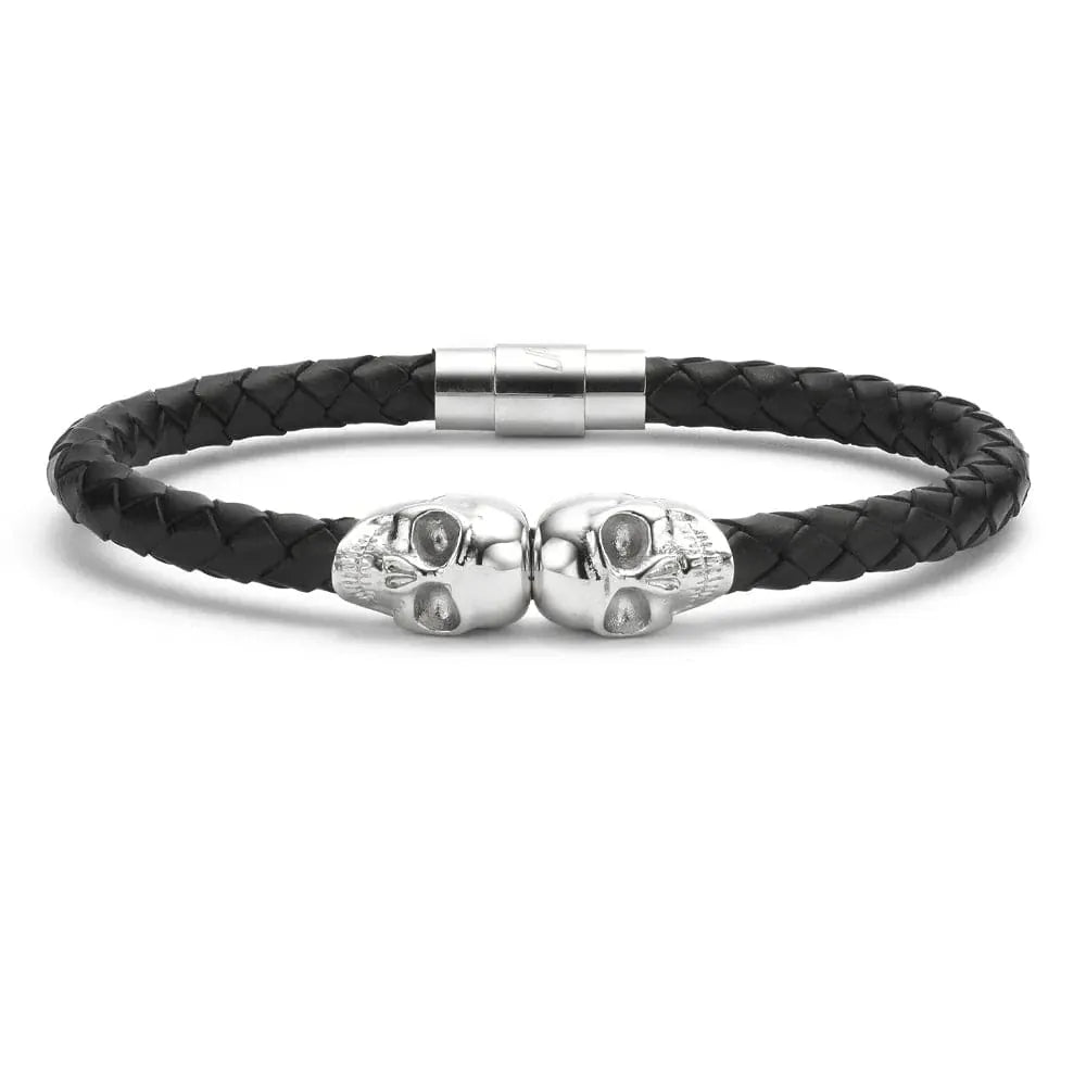 Bracelet Double tête de mort en cuir en acier inoxydable SkeletonHD Bracelets Bracelet de cuir double tête de mort | SkeletonHD Mathieu Blanchard Joaillerie