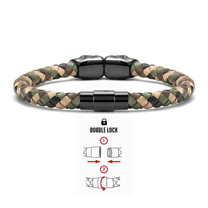 Bracelet Double tête de mort en cuir en acier inoxydable SkeletonHD Bracelets Bracelet de cuir double tête de mort - camouflage | SkeletonHD Mathieu Blanchard Joaillerie
