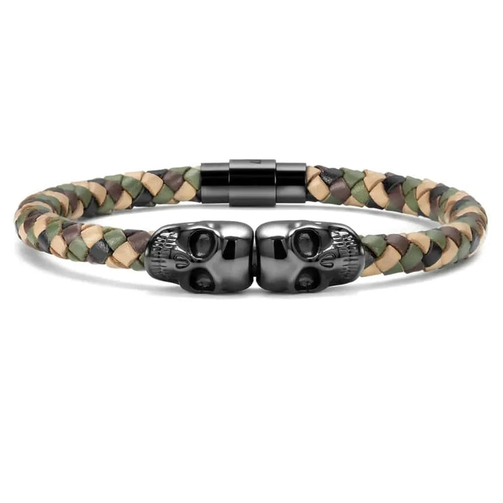 Bracelet Double tête de mort en cuir en acier inoxydable SkeletonHD Bracelets Bracelet de cuir double tête de mort - camouflage | SkeletonHD Mathieu Blanchard Joaillerie
