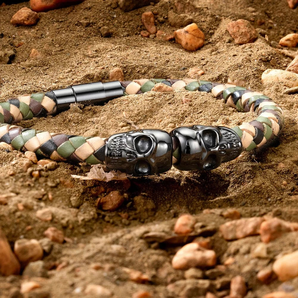 SkeletonHD Bracelets Bracelet Double tête de mort en cuir