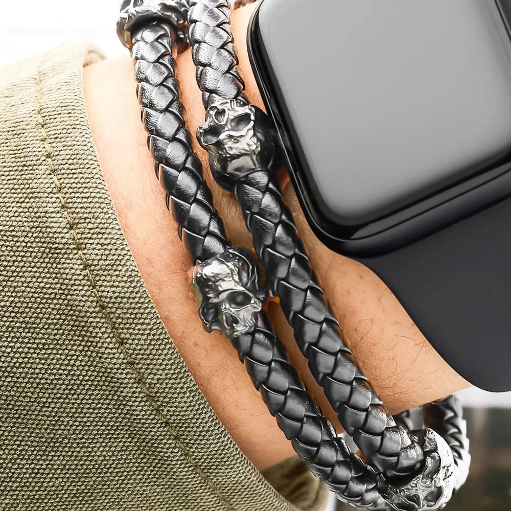 SkeletonHD Bracelets Bracelet Double tête de mort en cuir