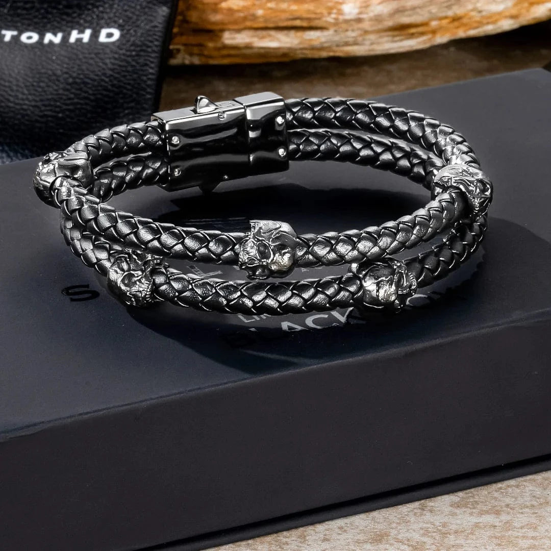 SkeletonHD Bracelets Bracelet Double tête de mort en cuir