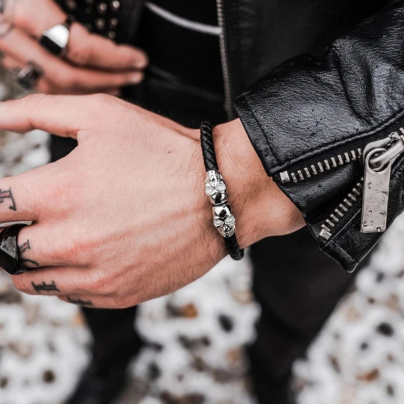 SkeletonHD Bracelets Bracelet Double tête de mort en cuir