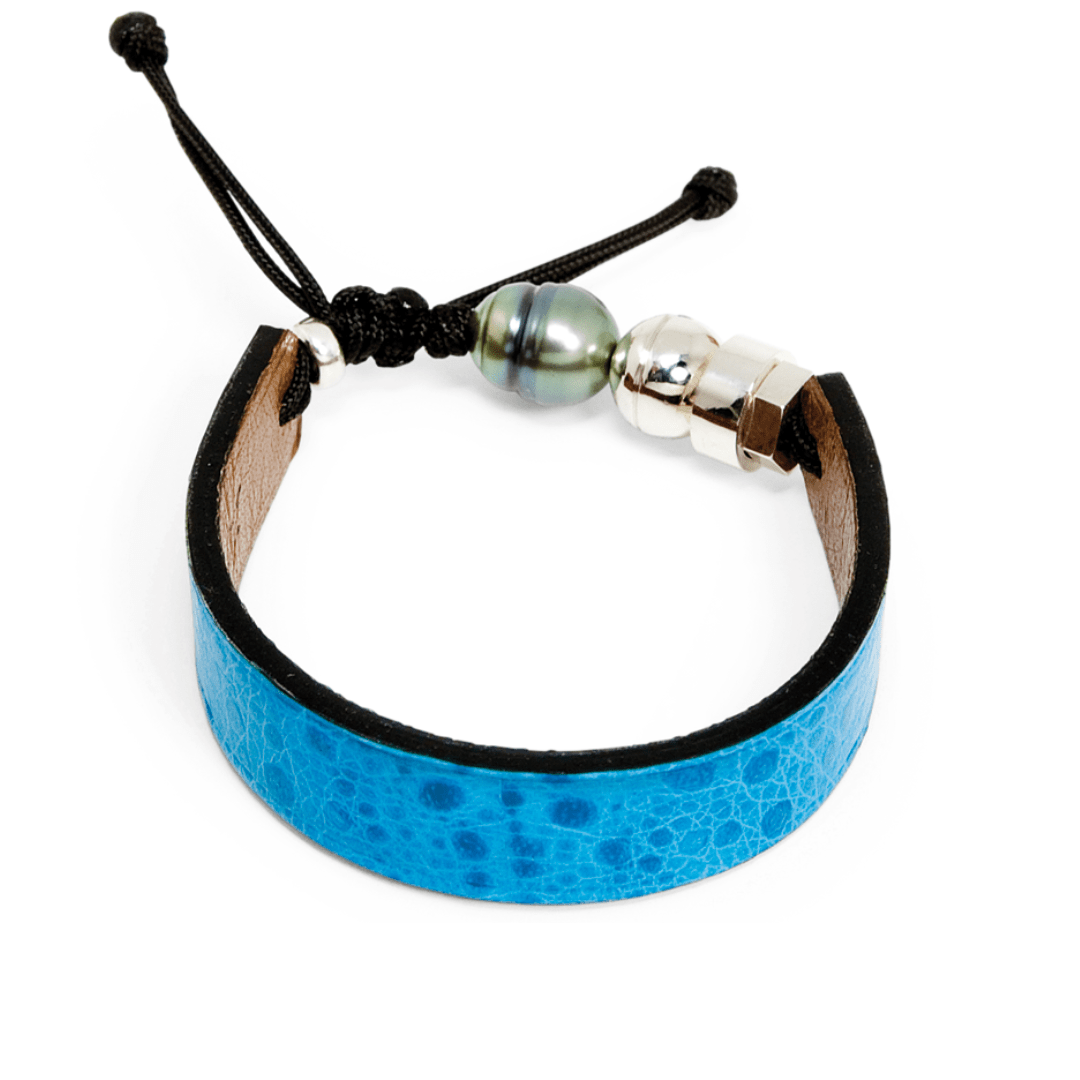 Romeo J. Bracelets Petit / Bleu Bracelet en cuir de crapaud marin, perle de Tahiti  et argent sterling