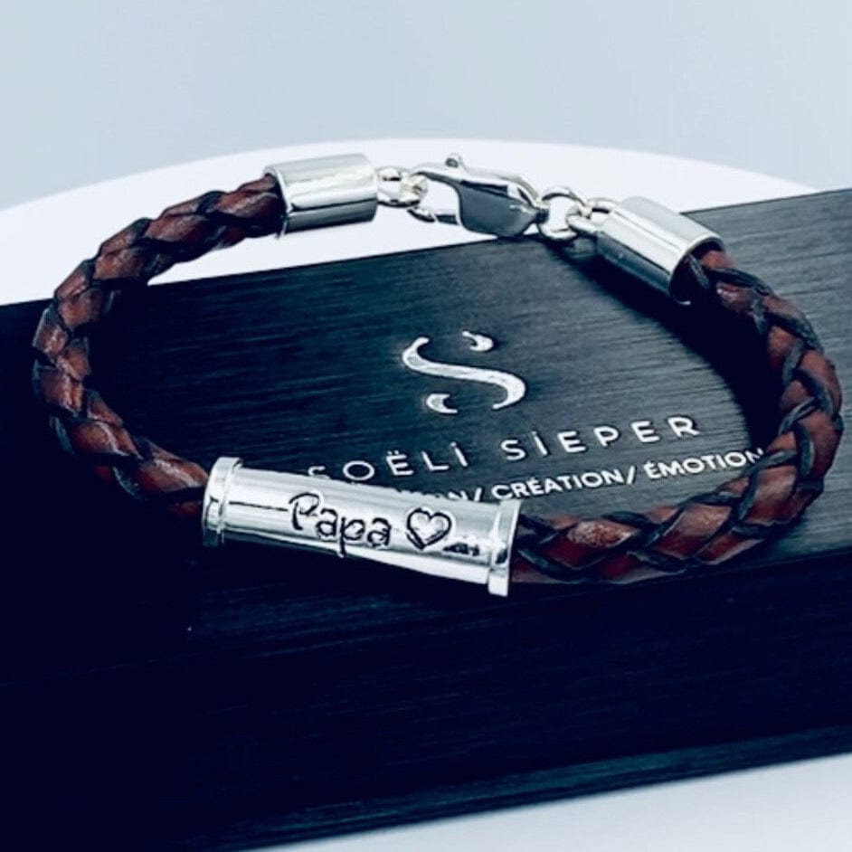 Soëli Sieper Bracelets 8.5 pouces / Argent sterling Bracelet On t'aime Papa en cuir et argent sterling