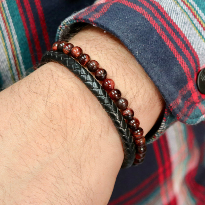 Mathieu Blanchard Bracelets Bracelet Stone en cuir, acier et oeil de tigre rouge
