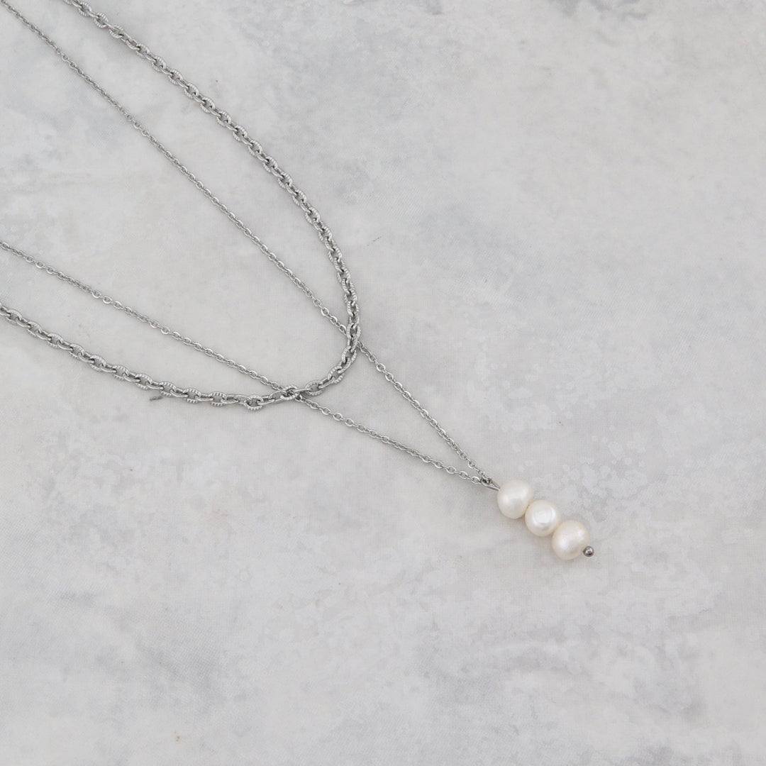 Collier Cadence en acier inoxydable Mathieu Blanchard collier Acier inoxydable PCOAM13038S Collier Double avec perle baroque en acier | Mathieu Blanchard Mathieu Blanchard Joaillerie