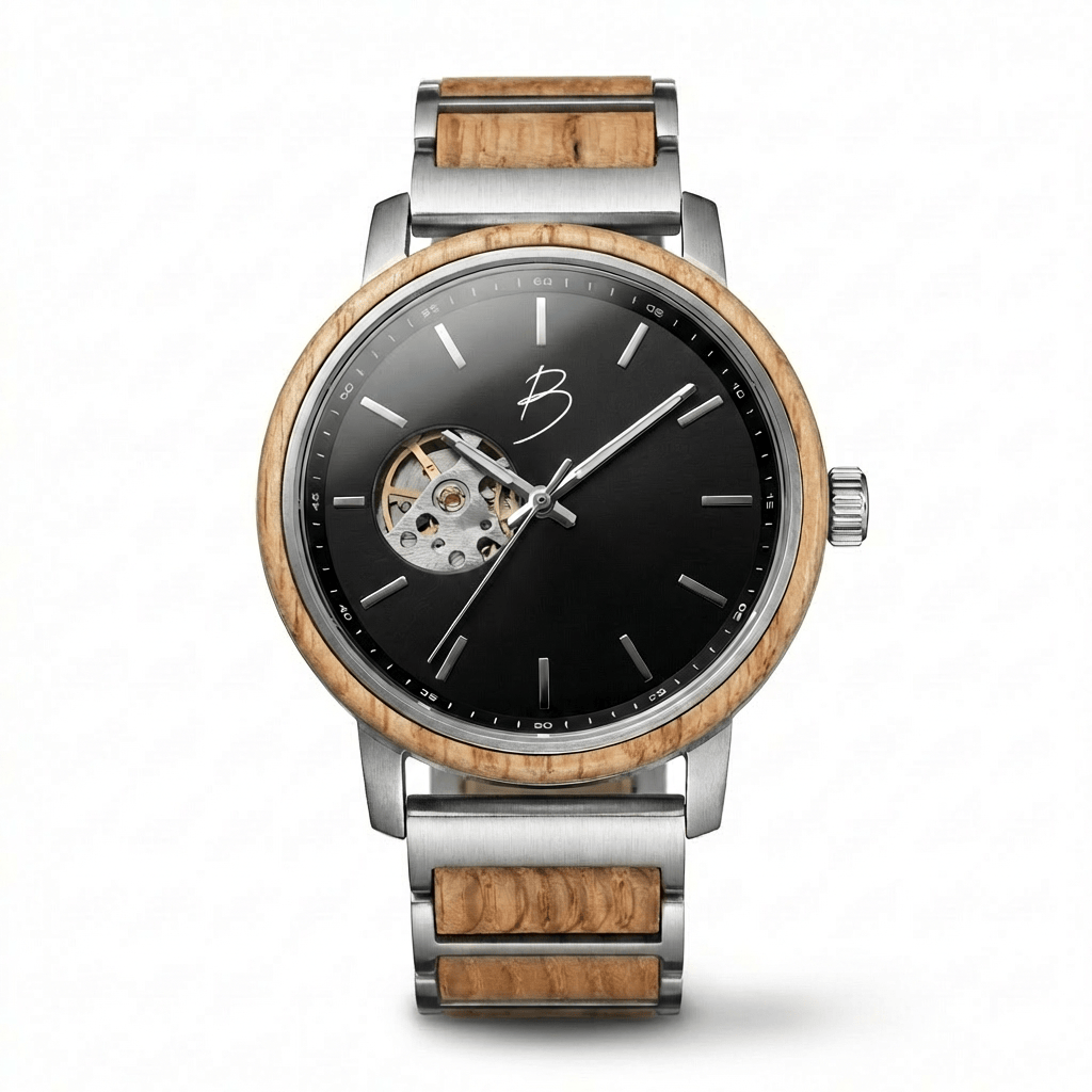 Mathieu Blanchard Montres Noyer Montre Bürgi en bois de baril de whisky recyclé