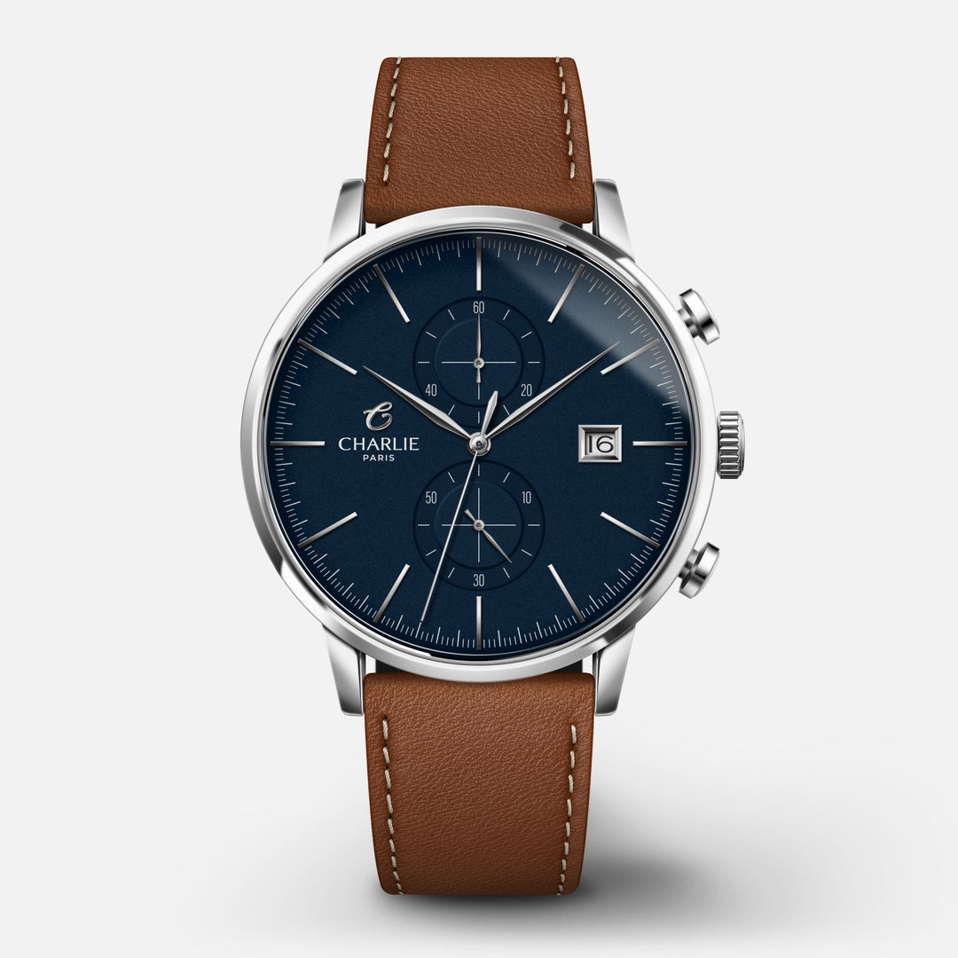 Charlie Paris Montre Cuir brun Montre Charlie Paris HORIZON Chronographe - Bleu 39 mm