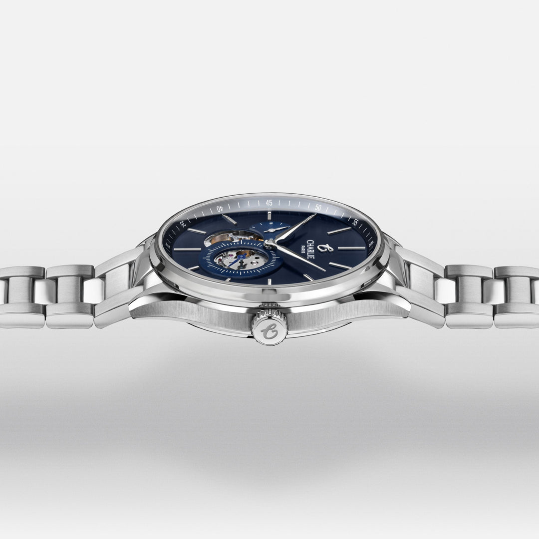 Montre Charlie Paris INITIAL Open Heart Bleu 40 mm en acier inoxydable Charlie Paris Montre Montre Charlie Paris INITIAL Open Heart - Bleu 40 mm | Dépositaire Officiel Canada | Mathieu Blanchard Joaillerie Mathieu Blanchard Joaillerie