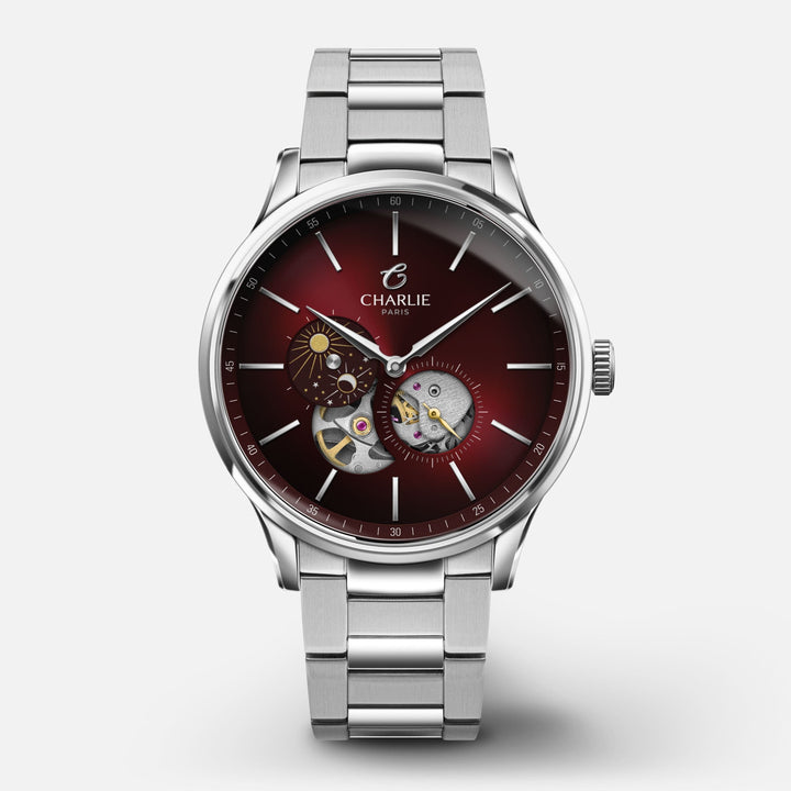 Montre Charlie Paris INITIAL Open Heart Jour/Nuit Bordeaux 40 mm en acier inoxydable Charlie Paris Montre 3-link stainless steel / Acier inoxydable IDN-40-003 / B-ICO / m-ICO Montre Charlie Paris INITIAL Open Heart Jour/Nuit - Bordeaux 40 mm | Dépositaire Officiel Canada | Mathieu Blanchard Joaillerie Mathieu Blanchard Joaillerie