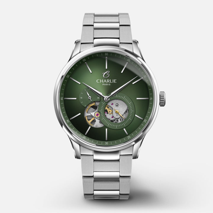 Charlie Paris Montre 3-link stainless steel Montre Charlie Paris INITIAL Open Heart - Sauge 40 mm