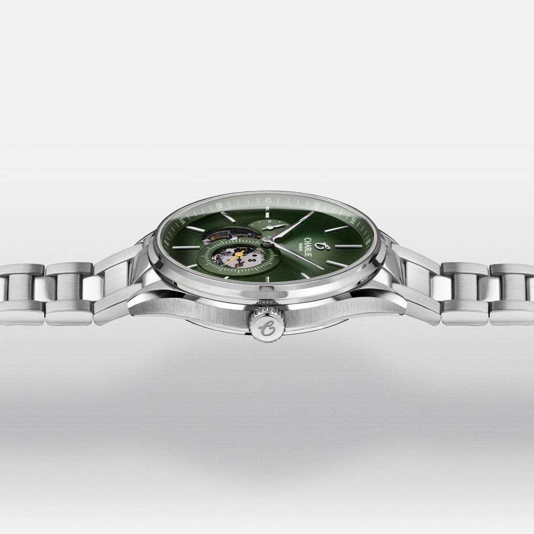 Montre Charlie Paris INITIAL Open Heart Sauge 40 mm en acier inoxydable Charlie Paris Montre Montre Charlie Paris INITIAL Open Heart - Sauge 40 mm | Dépositaire Officiel Canada | Mathieu Blanchard Joaillerie Mathieu Blanchard Joaillerie