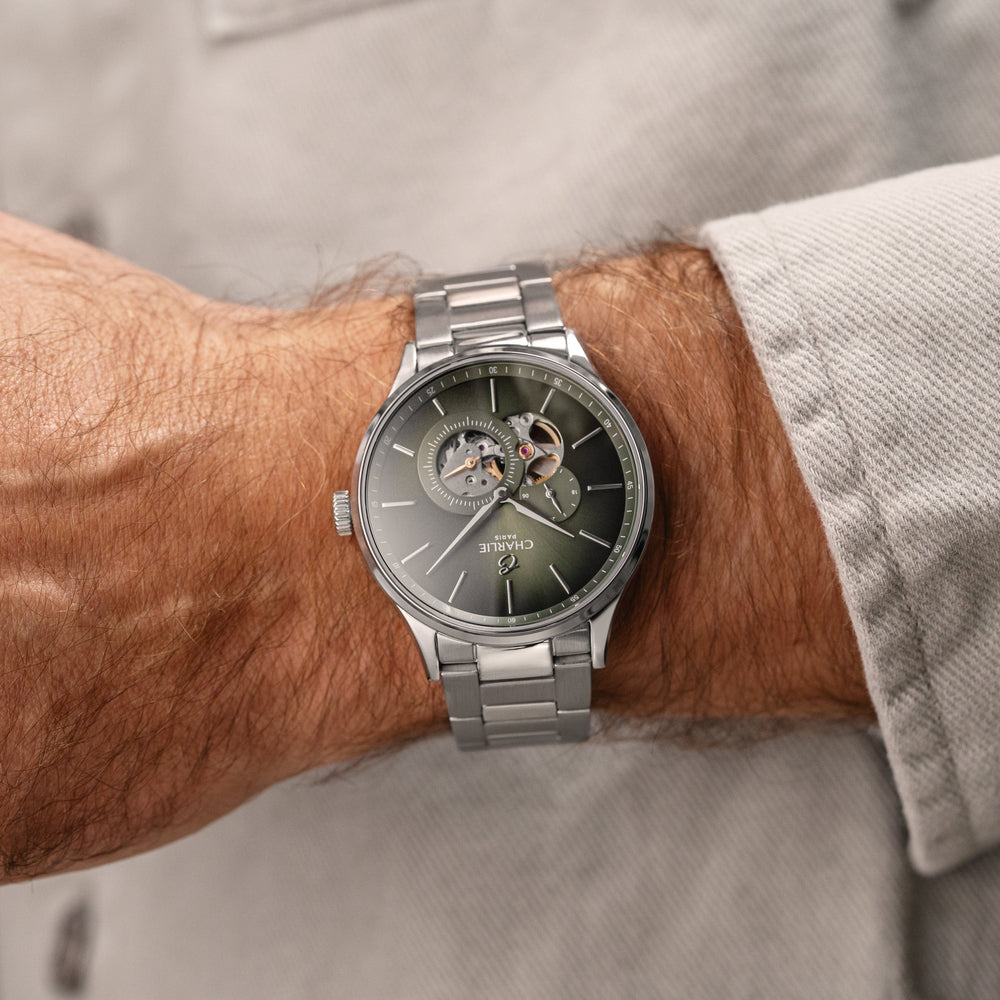 Montre Charlie Paris INITIAL Open Heart Sauge 40 mm en acier inoxydable Charlie Paris Montre Montre Charlie Paris INITIAL Open Heart - Sauge 40 mm | Dépositaire Officiel Canada | Mathieu Blanchard Joaillerie Mathieu Blanchard Joaillerie