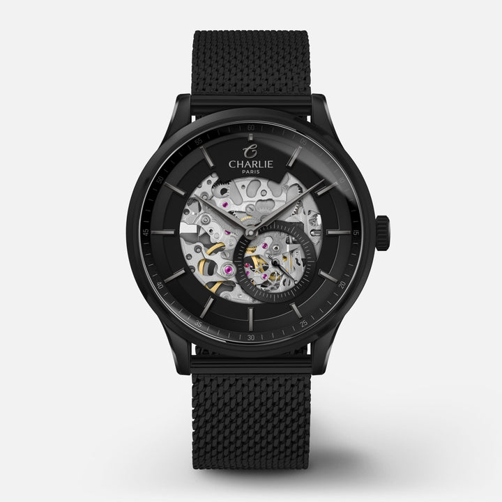 Montre Charlie Paris INITIAL Squelette Fantôme 40 mm en acier inoxydable Charlie Paris Montre Maille milanaise / Acier inoxydable ISQ-40-021 / B20-M-C Montre Charlie Paris INITIAL Squelette - Fantôme 40 mm | Dépositaire Officiel Canada | Mathieu Blanchard Joaillerie Mathieu Blanchard Joaillerie